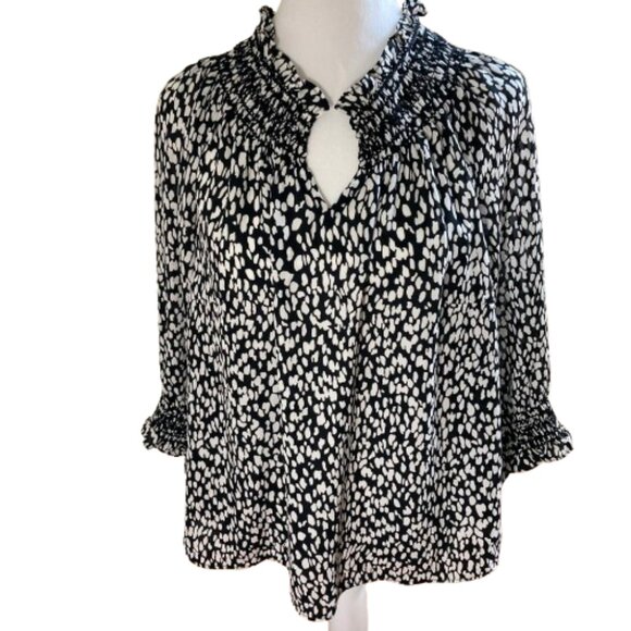 Talbots Smocked Ruffled Blouse Flowy Abstract Animal Print, 3/4 Sleeve, sz MP - Picture 3 of 13
